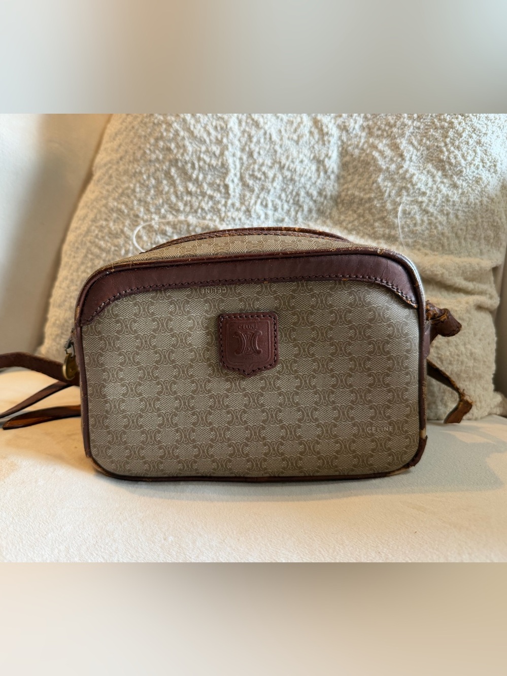Vintage CELINE Macadam Camera Bag Crossbody Greige & Maroon Leather - Picture 2 of 15
